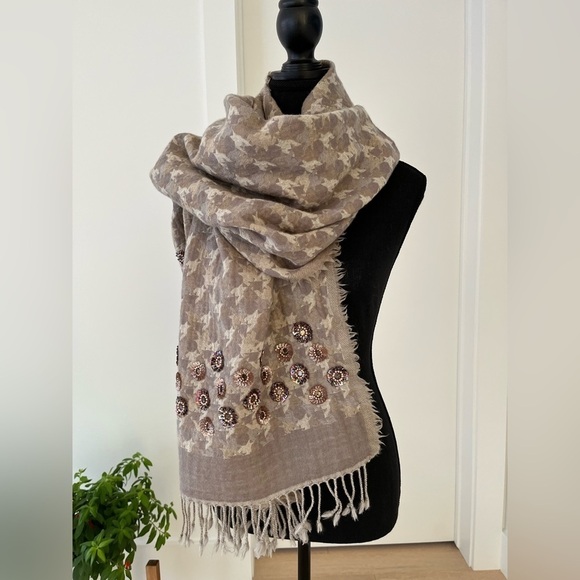 WRAP SHAWL Scarf Wool Sequin Bead Embellished Neutral Coastal Grandma Cozy Chic - Picture 1 of 8